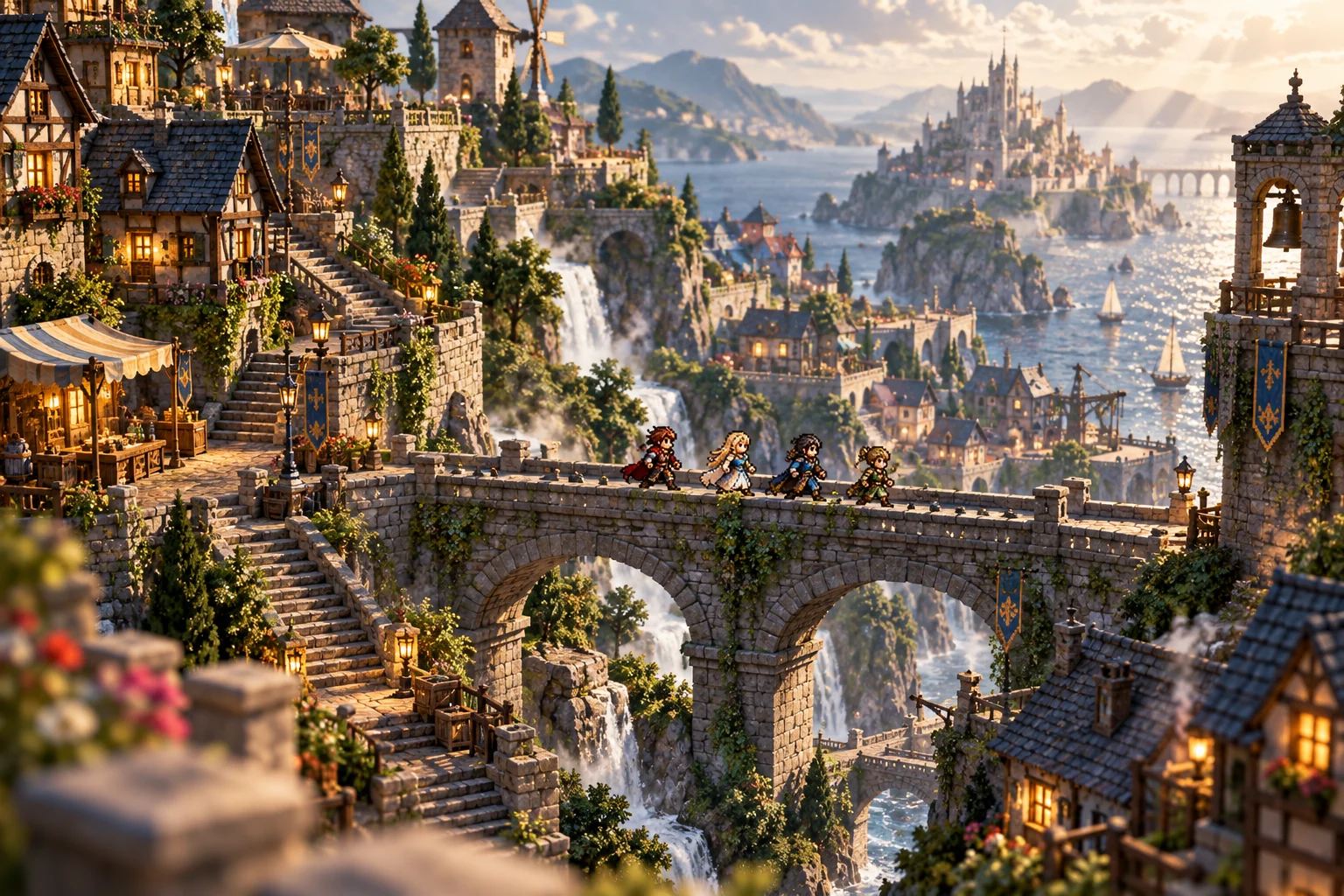 Early concept art: a terraced pixel-art town with bridges and waterfalls