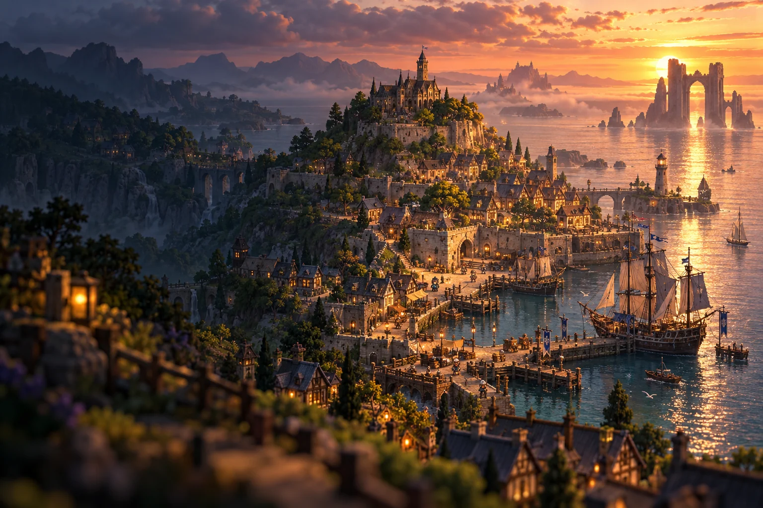 Key art: a pixel-art harbour town glowing at sunset across a fantasy archipelago
